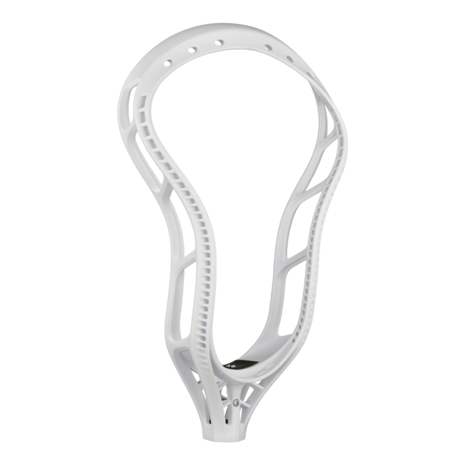 The StringKing Mark 2V Lacrosse Head, crafted by Stringking, features a sleek design with numerous cutouts and holes for personalized stringing, enhanced by cutting-edge pocket technology. Its structured and aerodynamic form is striking against a simple background.