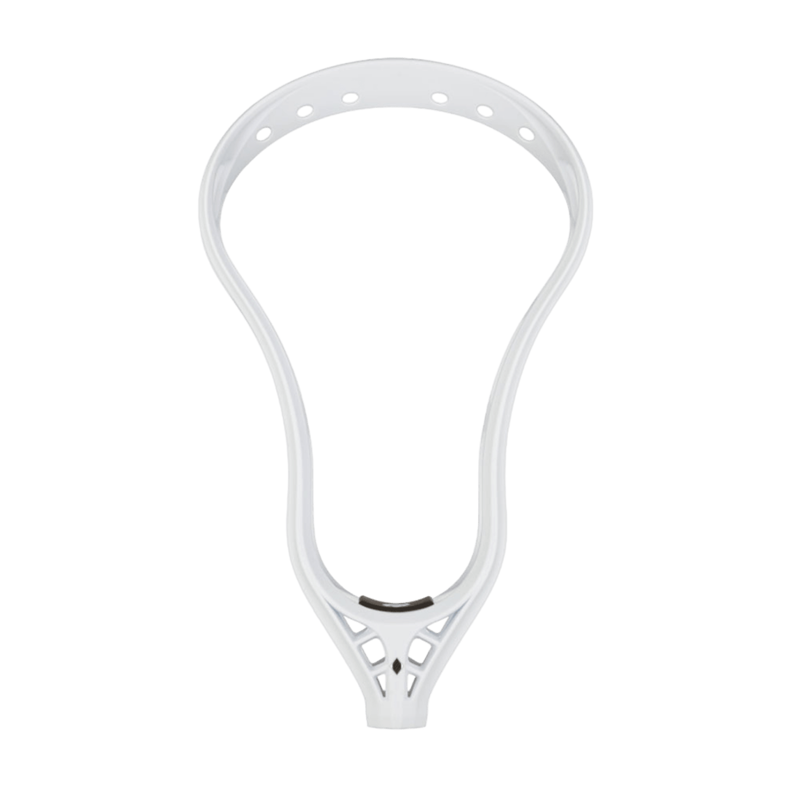 The StringKing Mark 2V Lacrosse Head, showcasing a unique open triangular throat design and featuring advanced pocket technology, is presented in white, viewed from the front against a green background.