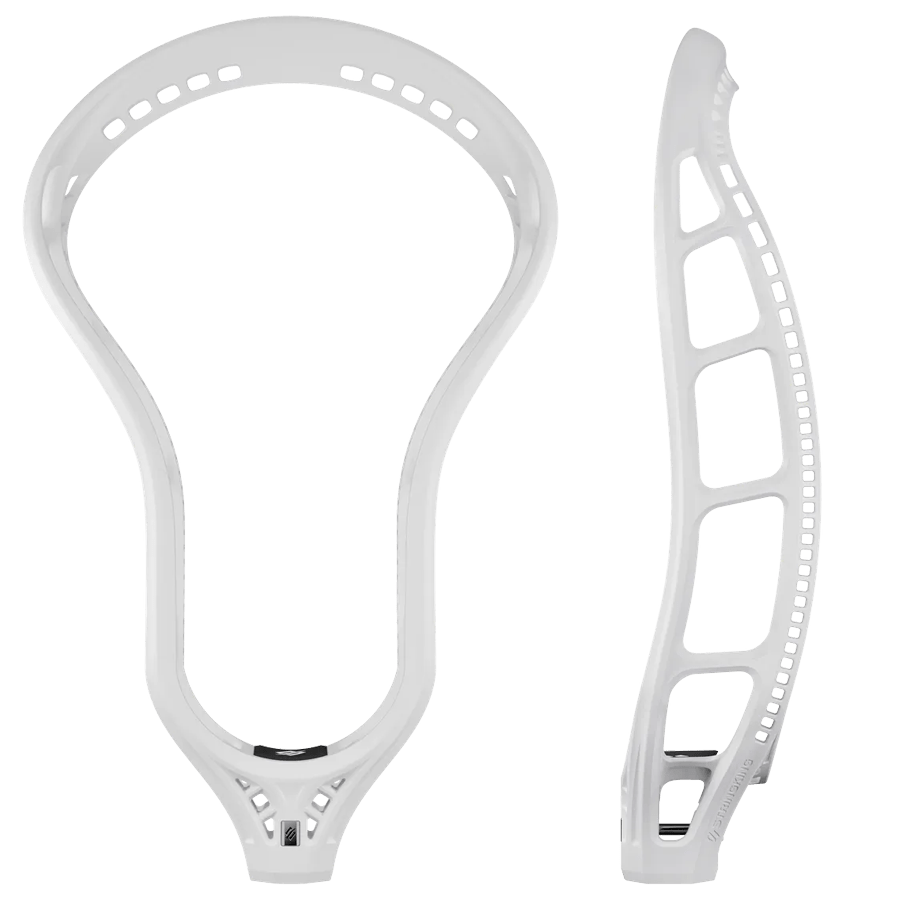 Front and side views of the StringKing Mark 3V Lacrosse Head showcase its teardrop shape. This white lacrosse head is designed with multiple string holes for enhanced ball control, an open sidewall to reduce weight and improve aerodynamics, and it offers superior durability on the field.