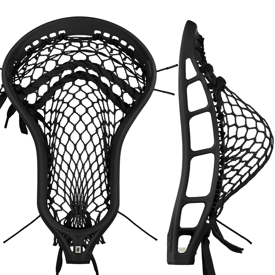 Two StringKing Mark 3V Strung Lacrosse Heads, both in black, with ultra-strong plastic netting. Displayed from the front and side, these heads feature a honeycomb-patterned net and streamlined design.