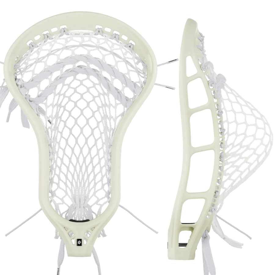 The image features two StringKing Mark 3V Strung Lacrosse Heads with mesh netting; one is shown from the front while the other is viewed from the side, emphasizing the ultra-strong plastic and detailed stringing. The background remains transparent.