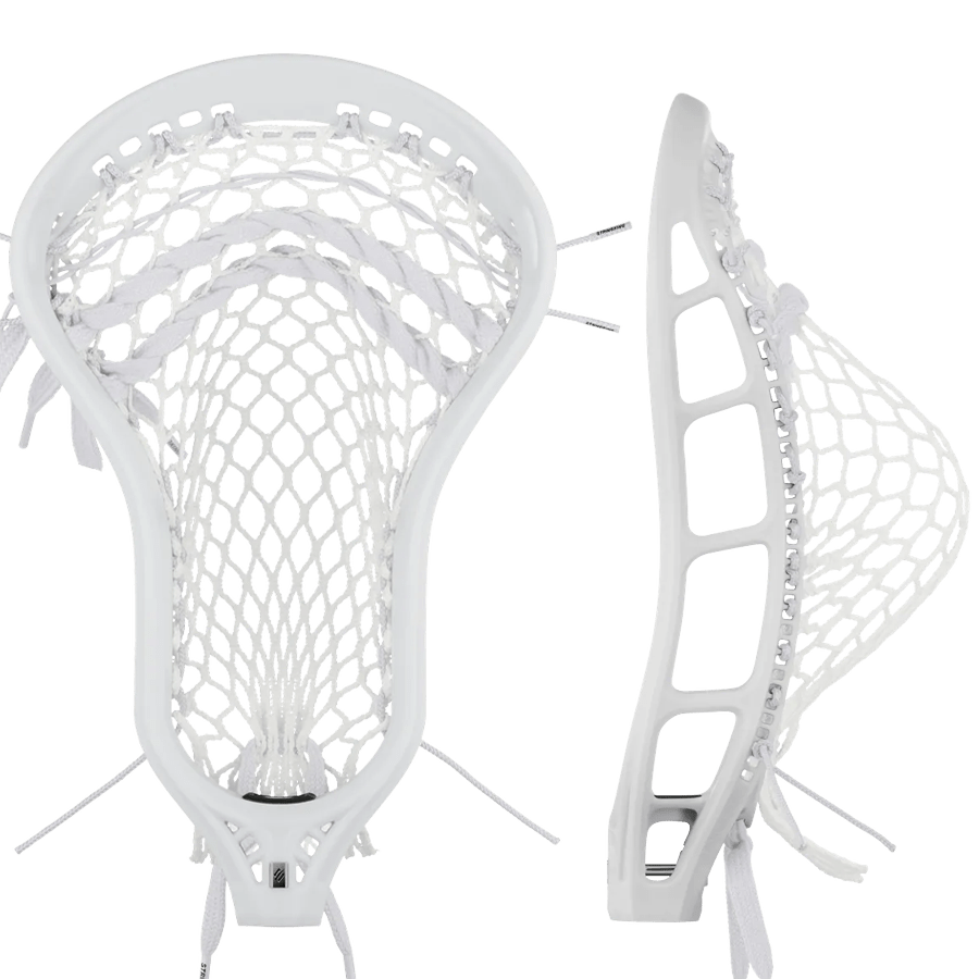 Two perspectives of the StringKing ITM-0016728 lacrosse head with netting: a front view displaying the mesh pocket and a side view emphasizing the structure of its ultra-strong plastic frame.