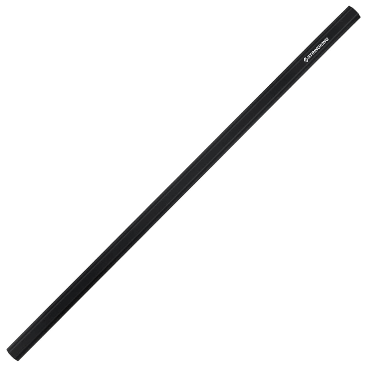 A black lacrosse shaft with a hexagonal body, evocative of the sleek design found in premium pencils, is shown at a diagonal angle. The surface features the "StringKing" logo in white near the top.
