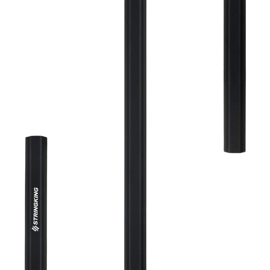 The StringKing Metal 3 Pro lacrosse shaft in black prominently displays the "StringKing" logo. This elegant, cylindrical metal stick is presented vertically, with both its top and bottom ends visible.