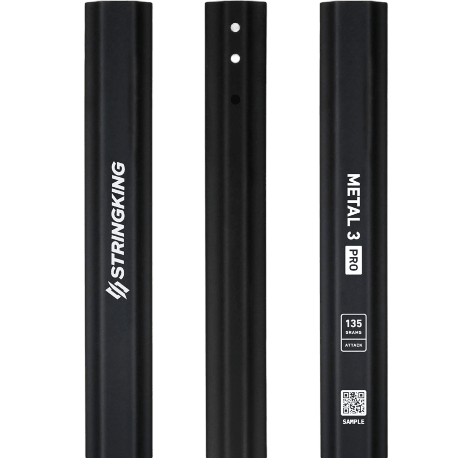 Front view of three black ITM-0003770 lacrosse shafts, each displaying the brand name "Stringking" along with the model specifications. Details such as "135 grams" and "Attack" are visible, with one shaft featuring a QR code and labeled as a "Sample.