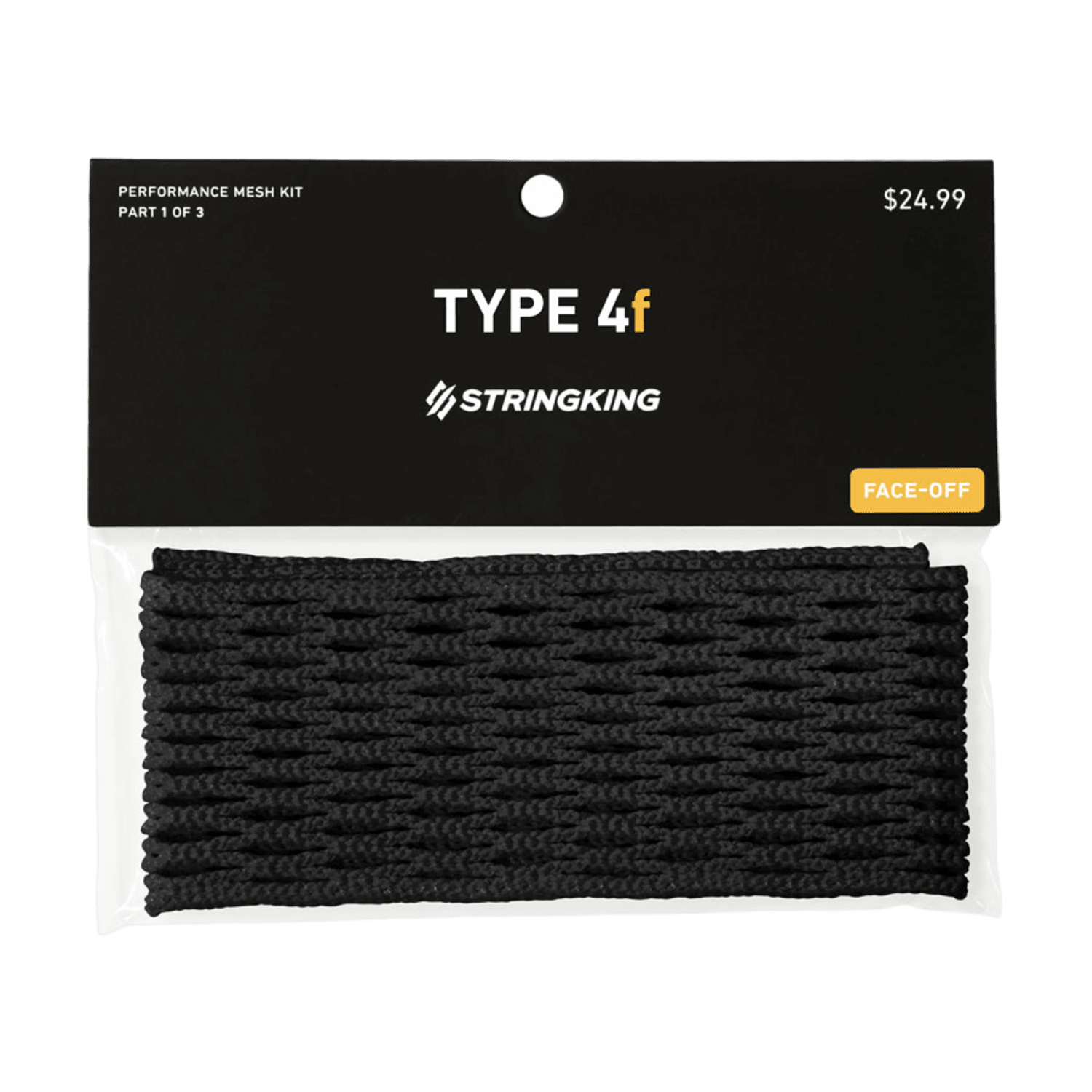 The image showcases a StringKing Type 4F Mesh in black, perfect for face-off players. It features Tri-twist patterns and is priced at $24.99, with its suitability for face-offs highlighted on the packaging. The background is a solid green color.