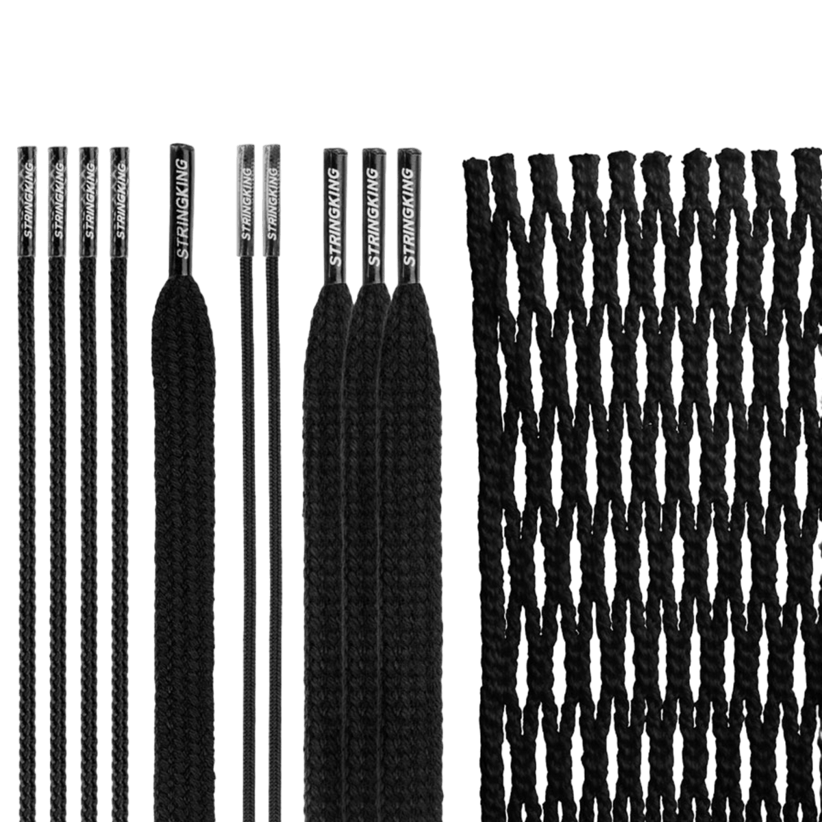 A diverse array of black mesh options from Stringking's Type 4S Mesh Kit is showcased against a green backdrop. Featuring varying styles and textures such as flat and round laces, the collection includes black netting intricately designed with Tri-Twist technology, evoking the look of lacrosse mesh.