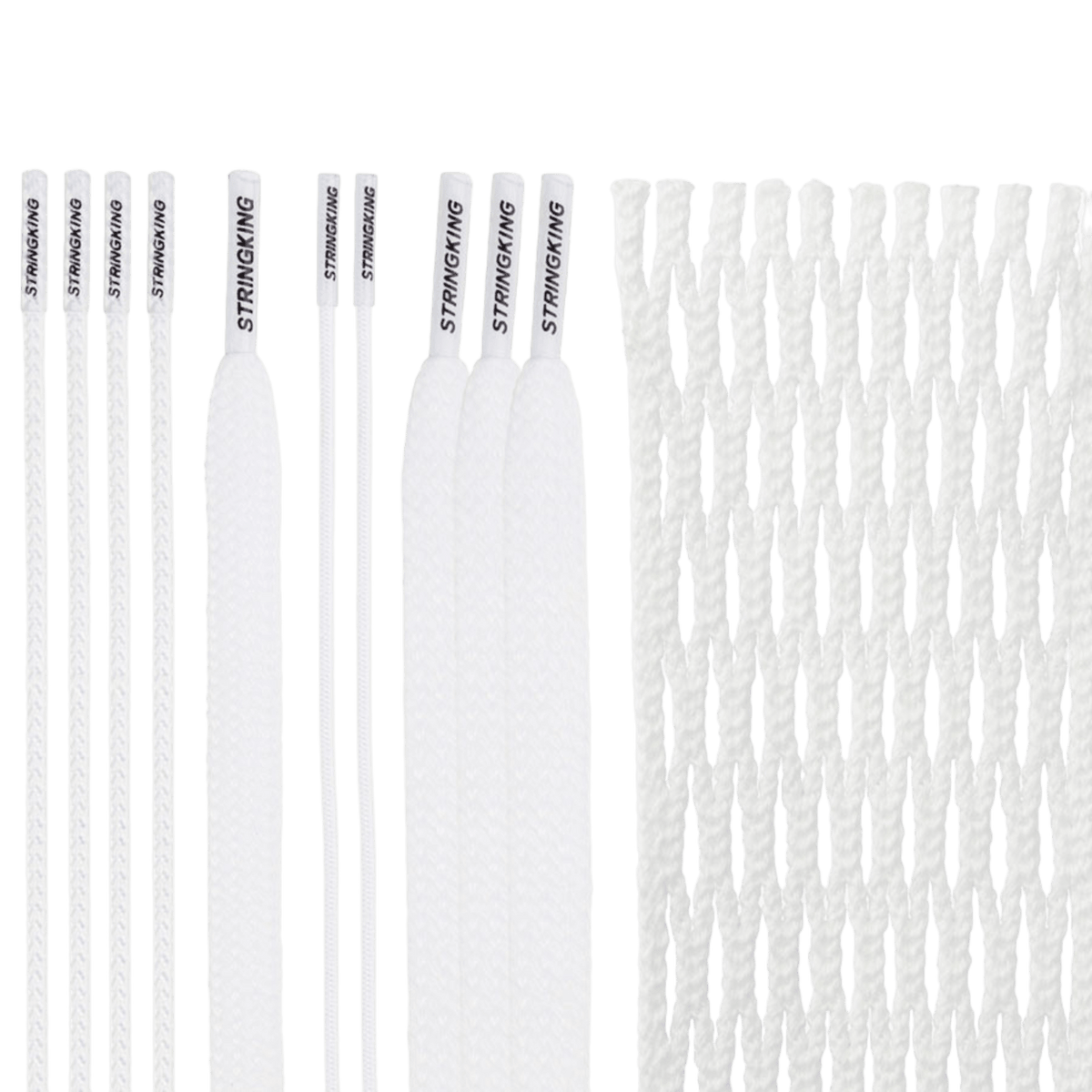 A vertical arrangement of white lacrosse strings and mesh pieces against a plain backdrop features the StringKing Type 4S Mesh Kit with Tri-Twist technology. Each item is branded "Stringking," highlighting a variety of sizes and styles.