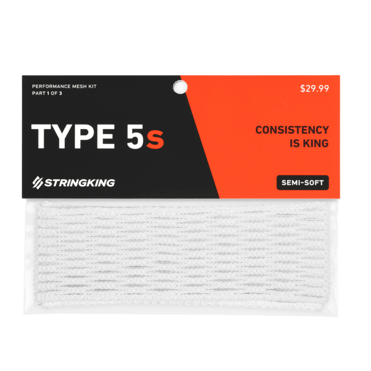 Introducing the StringKing Type 5S Mesh kit, a semi-soft lacrosse mesh that features Twistex Technology. It boasts a striking black and orange design, priced at $29.99, with the slogan "Consistency is King." The white mesh beneath the label exemplifies cutting-edge performance.