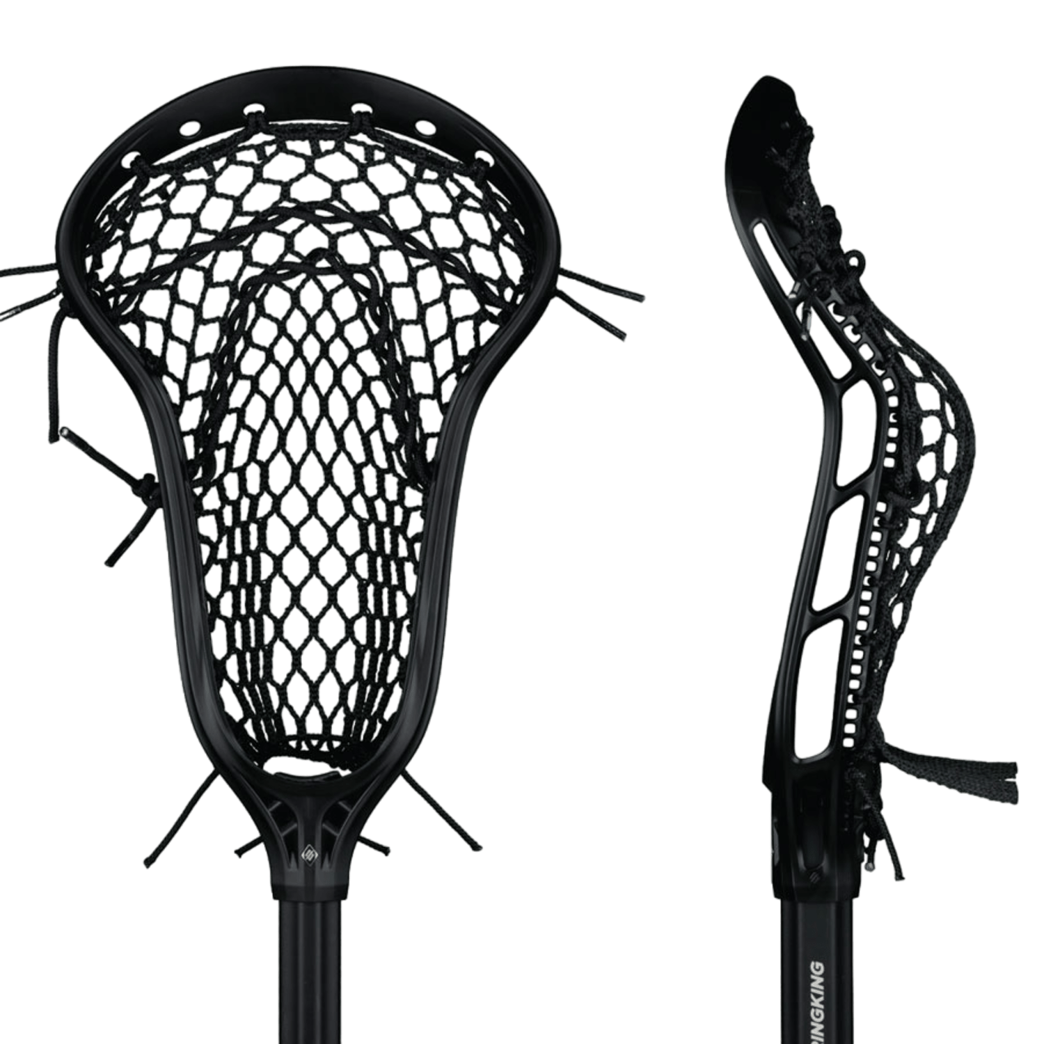 Two views of a black StringKing Women's Mark 2 Defense Lacrosse Head: one displaying the front with a Type 4 mesh pocket and the other showcasing a side profile, highlighting the curved head and netting.