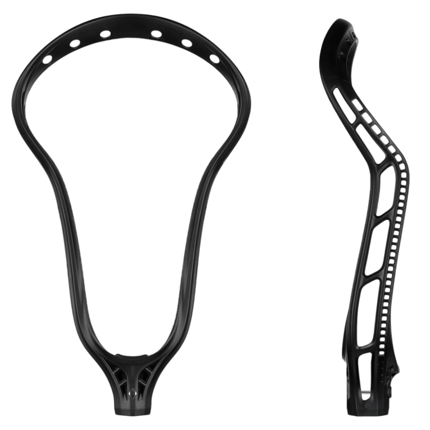 The StringKing Women's Mark 2 Midfield Unstrung Lacrosse Head showcases a teardrop shape and moderate face shape, visible in front and side views. Its lightweight design includes multiple stringing holes along the top and sidewalls, offering options for customization and enhanced control.