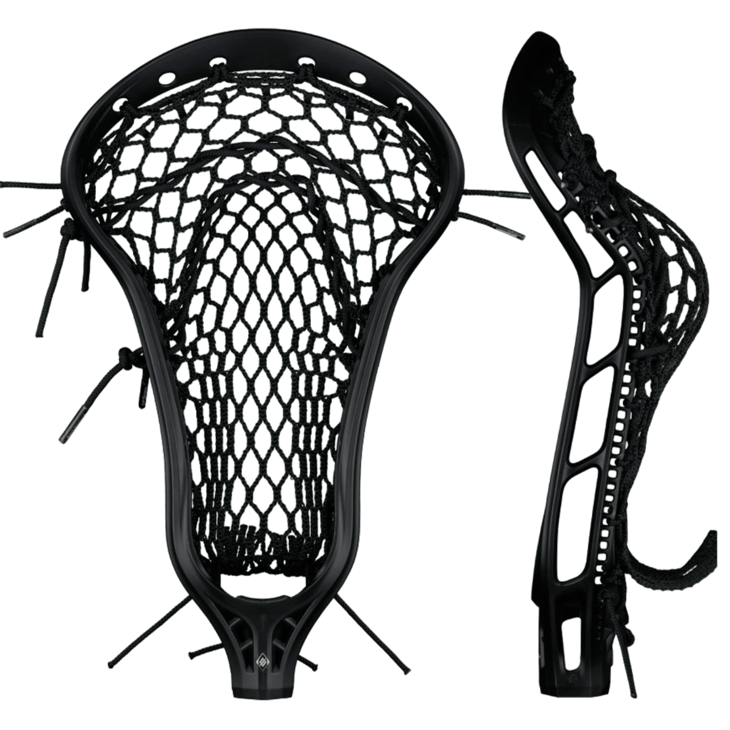 Two views of the StringKing Women's Mark 2 Offense Lacrosse Head are shown. The front view displays the woven mesh pocket for ball control, while the side view highlights the frame design and stringing detail, ensuring accurate shots.