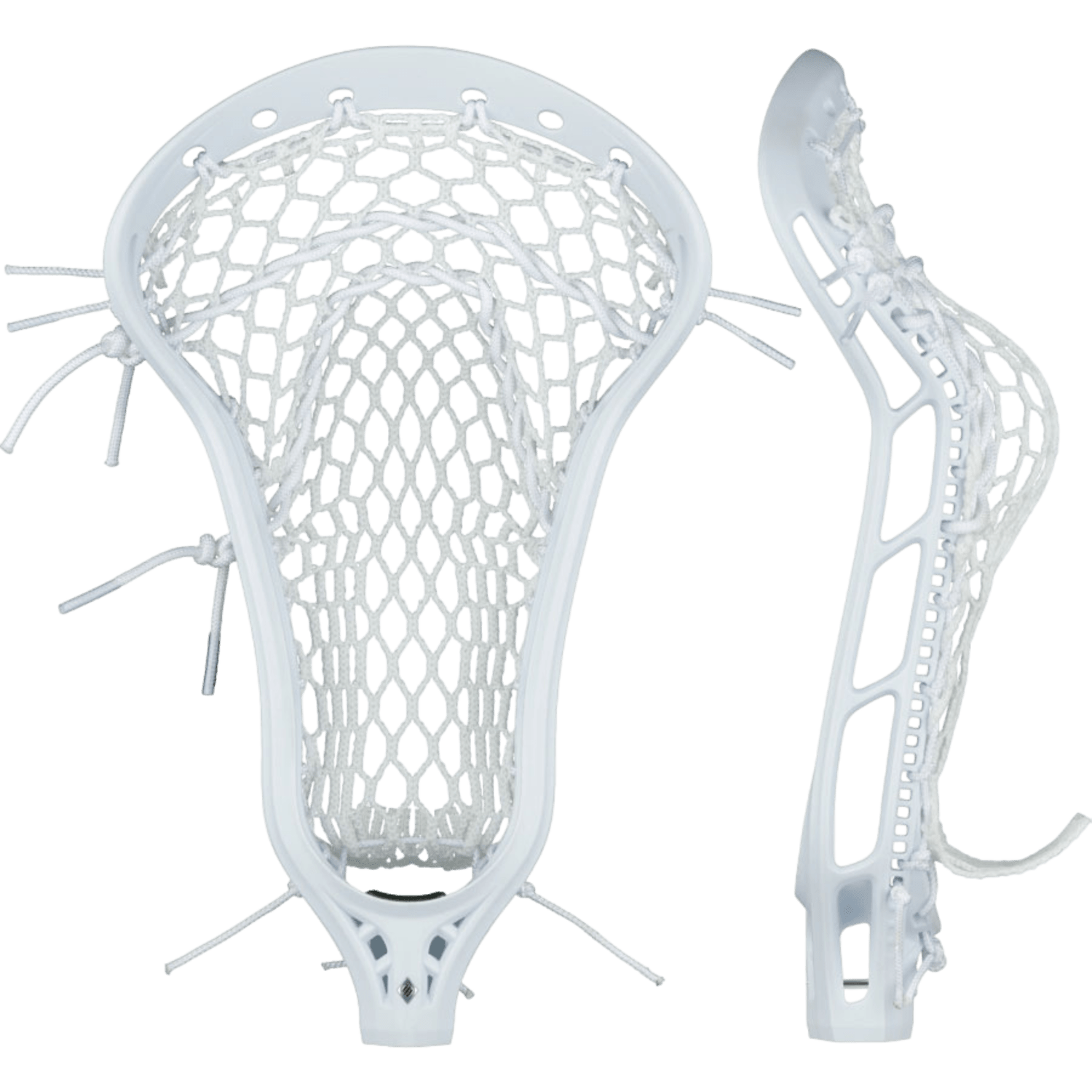 The StringKing Women's Mark 2 Offense Lacrosse Head is depicted in two perspectives: a front view and a side view. Designed by StringKing for exceptional ball control, the lacrosse head features woven netting, multiple string ties, and a curved side profile to improve shot accuracy and ensure optimal performance.
