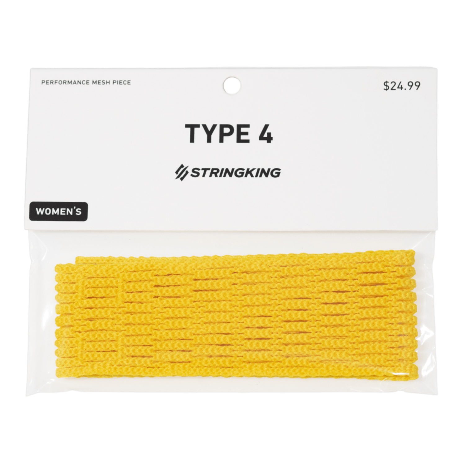 The StringKing Women's Type 4 Mesh, from the brand StringKing, showcases innovative Tri-Twist technology. Priced at $24.99, this bright yellow performance mesh is attractively packaged in transparent material.