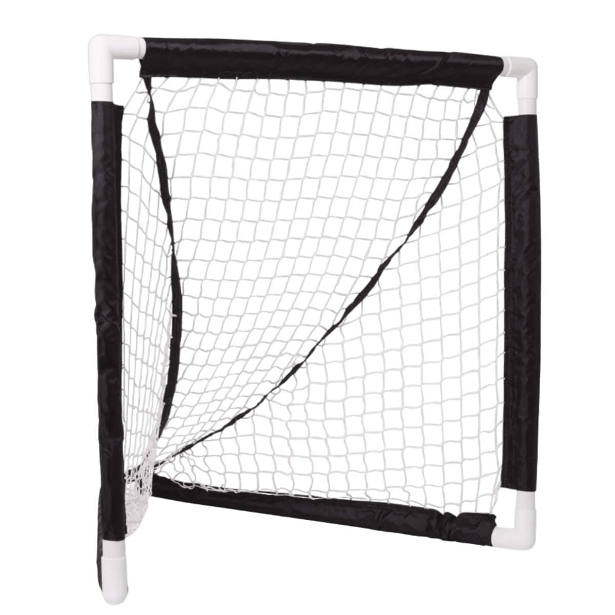 The STX 3x3 Mini Stick Goal is compact and easy to carry, featuring a white net and a black frame. It stands against a plain background with the net pulled tight and the lightweight frame ideal for casual play or practice.
