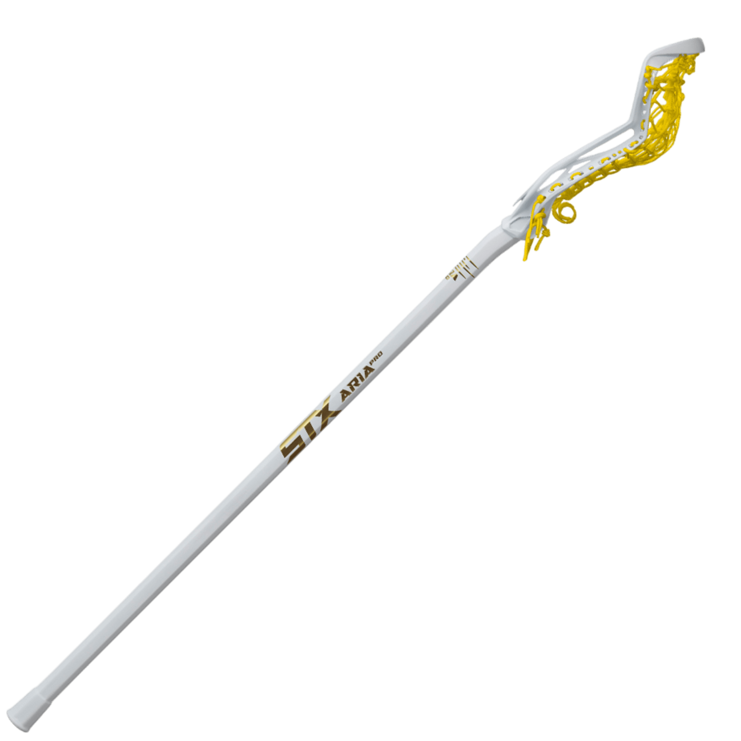 A lacrosse stick by STX called the "Aria Pro Crux Mesh 2.0 Complete Stick" features a white shaft with the brand name printed on it and a yellow Crux Mesh 2.0 net. It includes SpeedScoop technology and boasts a curved design at the head for optimal gameplay.