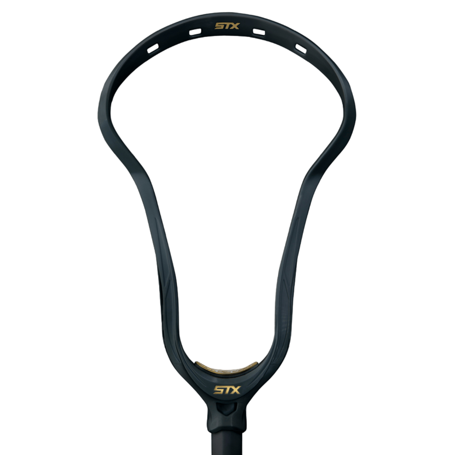 STX's Arior Pro Unstrung Lacrosse Head, a black model designed for elite attackers, offers a teardrop shape and a central hole for handle attachment. The STX logo is prominently displayed in gold at both the top and bottom, making it an excellent choice for those seeking a women's lacrosse head similar to the Aria Pro.
