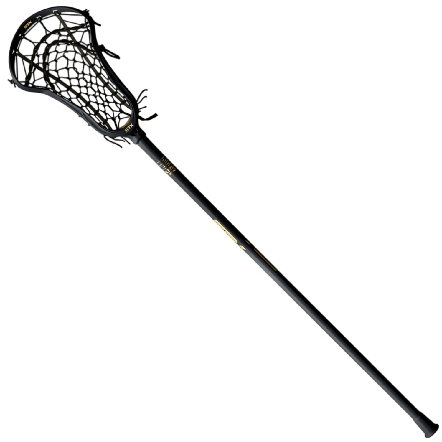 A STX Aria Pro Lock Pocket Complete Stick in black, featuring a woven net head and gold accents on the shaft, showcases its innovative Speed Scoop technology for superior play. Positioned diagonally against a plain background, this lacrosse stick highlights STX's design excellence.