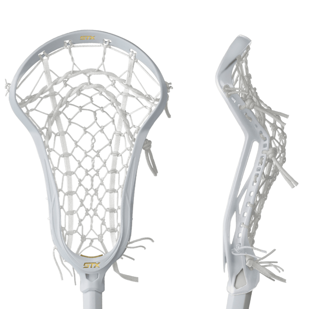 Two views of an STX Ario Pro Lock Pocket Strung Lacrosse Head in white are displayed. The front view features the Lock Pocket and SpeedScoop mesh, while the side view emphasizes STX's sleek sidewall design and stringing.