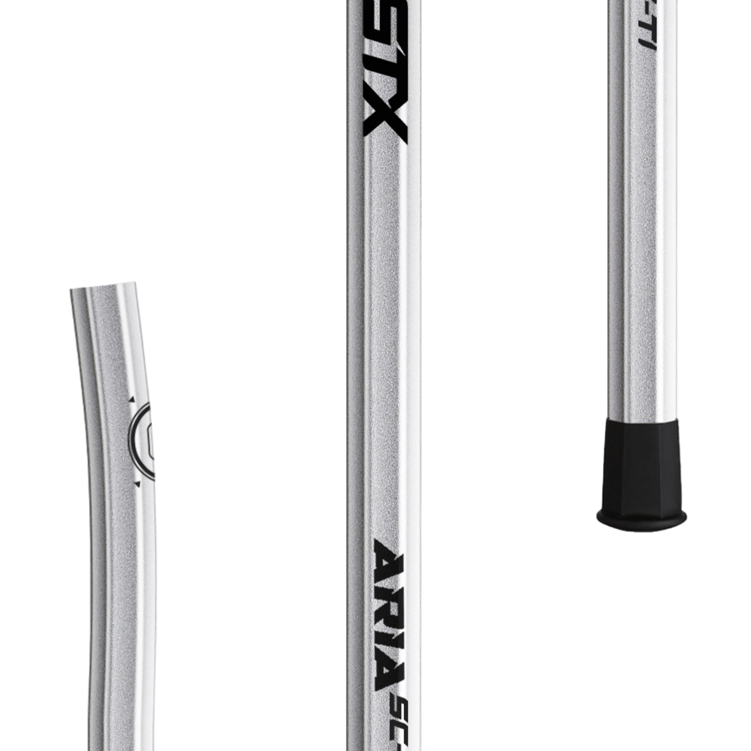 Close-up of three STX Aria Sc-Ti lacrosse shafts in silver, featuring black text and a black end cap on one shaft. The text reads "STX" and "ARIA SC." Engineered for elite players, these shafts offer an exceptional strength-to-weight ratio. One shaft is slightly curved against a transparent background.