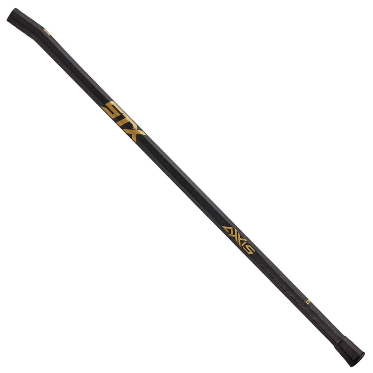 Displayed diagonally on a green background is an STX Axxis Lacrosse Shaft, a black shaft with "STX" and "AXIS" in gold lettering, designed with Dual GRIP zones ideal for the draw specialist.