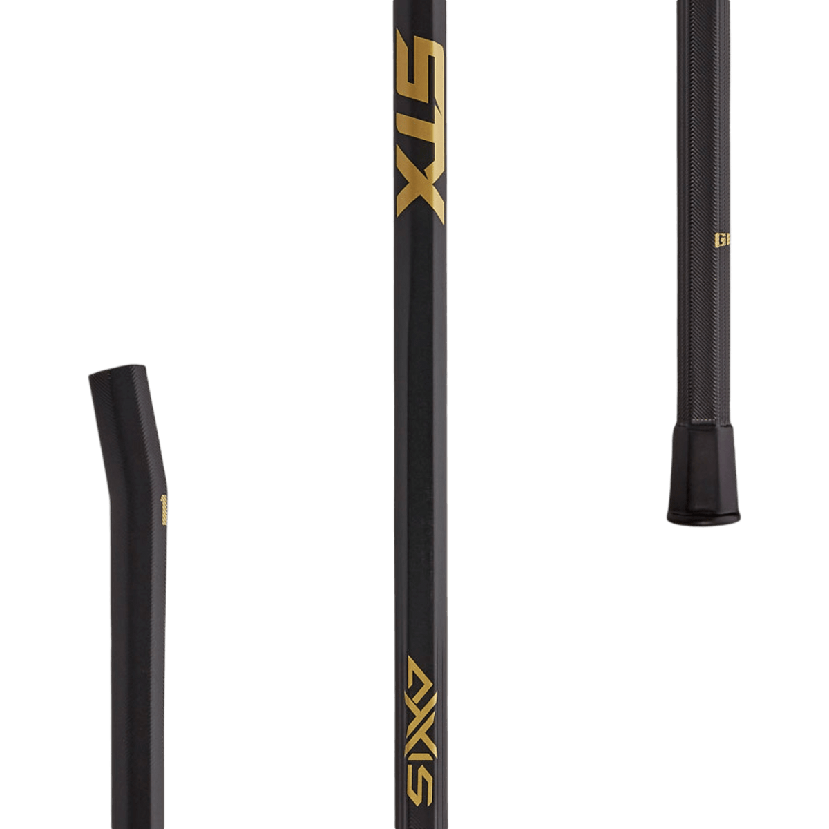 Close-up of a black STX Axxis Lacrosse Shaft featuring gold branding and Dual GRIP zones. The image showcases the shaft from various angles, highlighting its sleek design and texture—ideal for a draw specialist seeking precision.
