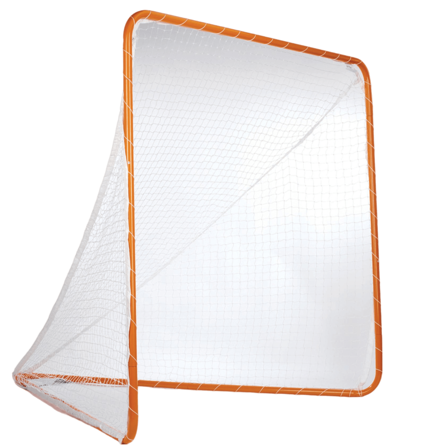 A STX Backyard Goal, featuring an orange frame and a white net, is showcased from a slight angle against a white background. The durable quality of STX is evident in the tightly strung net, highlighting the shape and structure of this lacrosse goal.