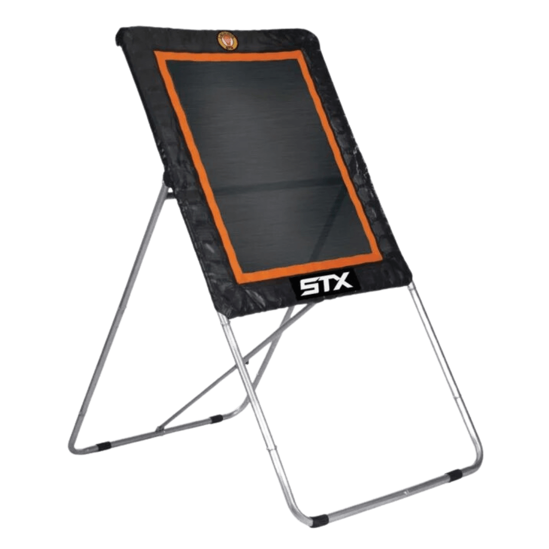The STX Bounce Back is a flexible training tool that boasts a black hitting surface outlined in orange, supported by a robust silver metal frame. The "STX" logo is prominently displayed at the bottom, representing quality and performance for each practice session.