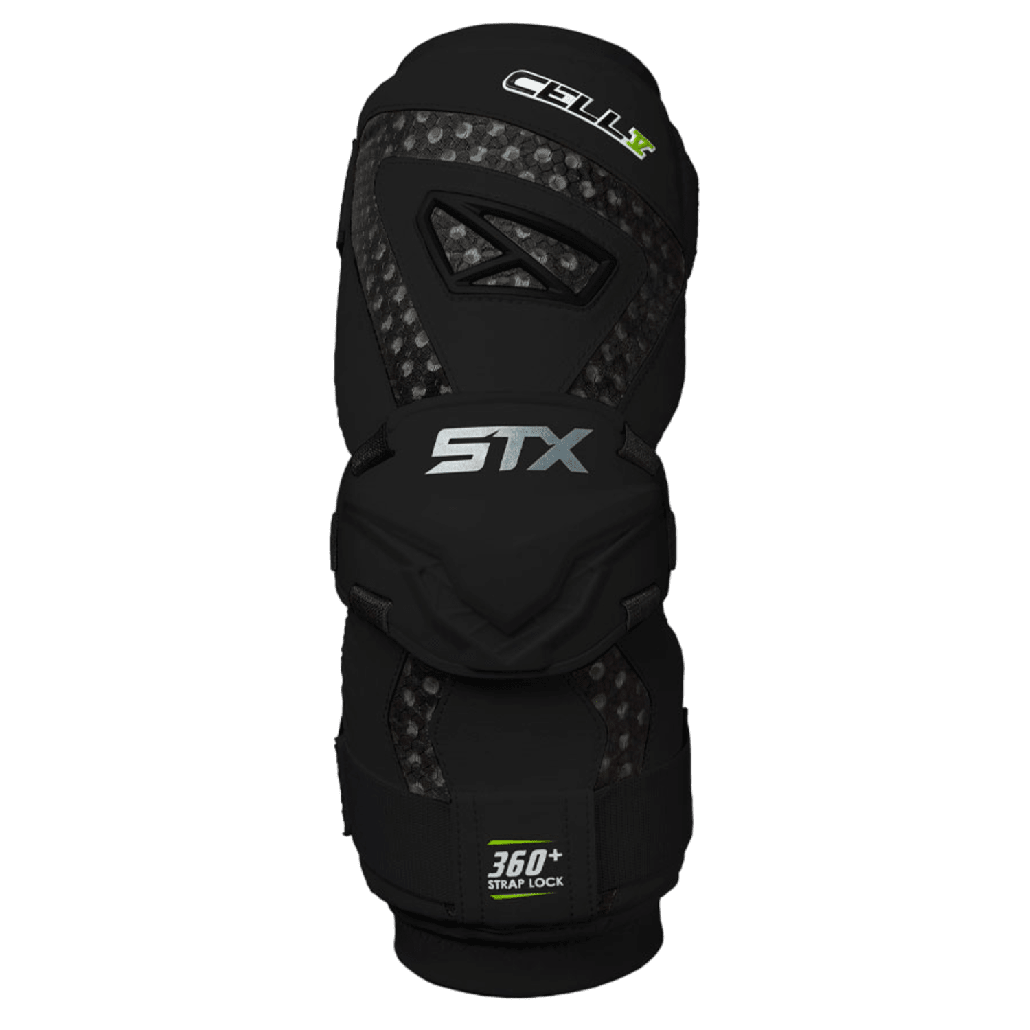 Introducing the STX Cell V Arm Guards, featuring a sleek black and gray design adorned with "STX" branding. Crafted with a textured pattern on select areas and a breathable Lycra sleeve, these guards offer advanced comfort. Equipped with "360+ Strap Lock" at the bottom and an innovative floating elbow cap for enhanced mobility, they are built for performance.
