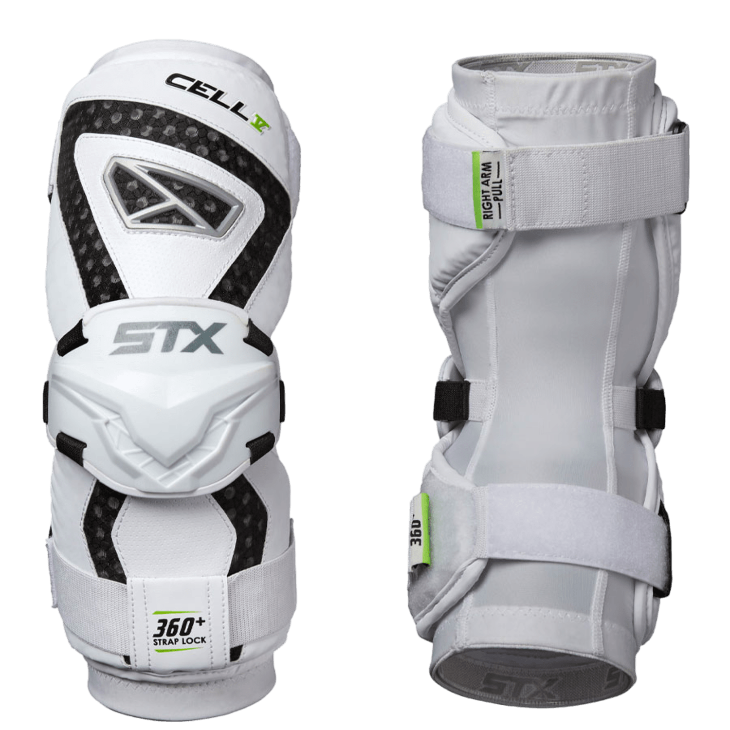 Two STX Cell V Arm Guards in white are displayed. One is upright, showcasing the STX logo, branding, and carbon fiber accents, while the other rotates to highlight adjustable straps and cushioning. Both feature CELL technology markings and a breathable Lycra sleeve for comfort.