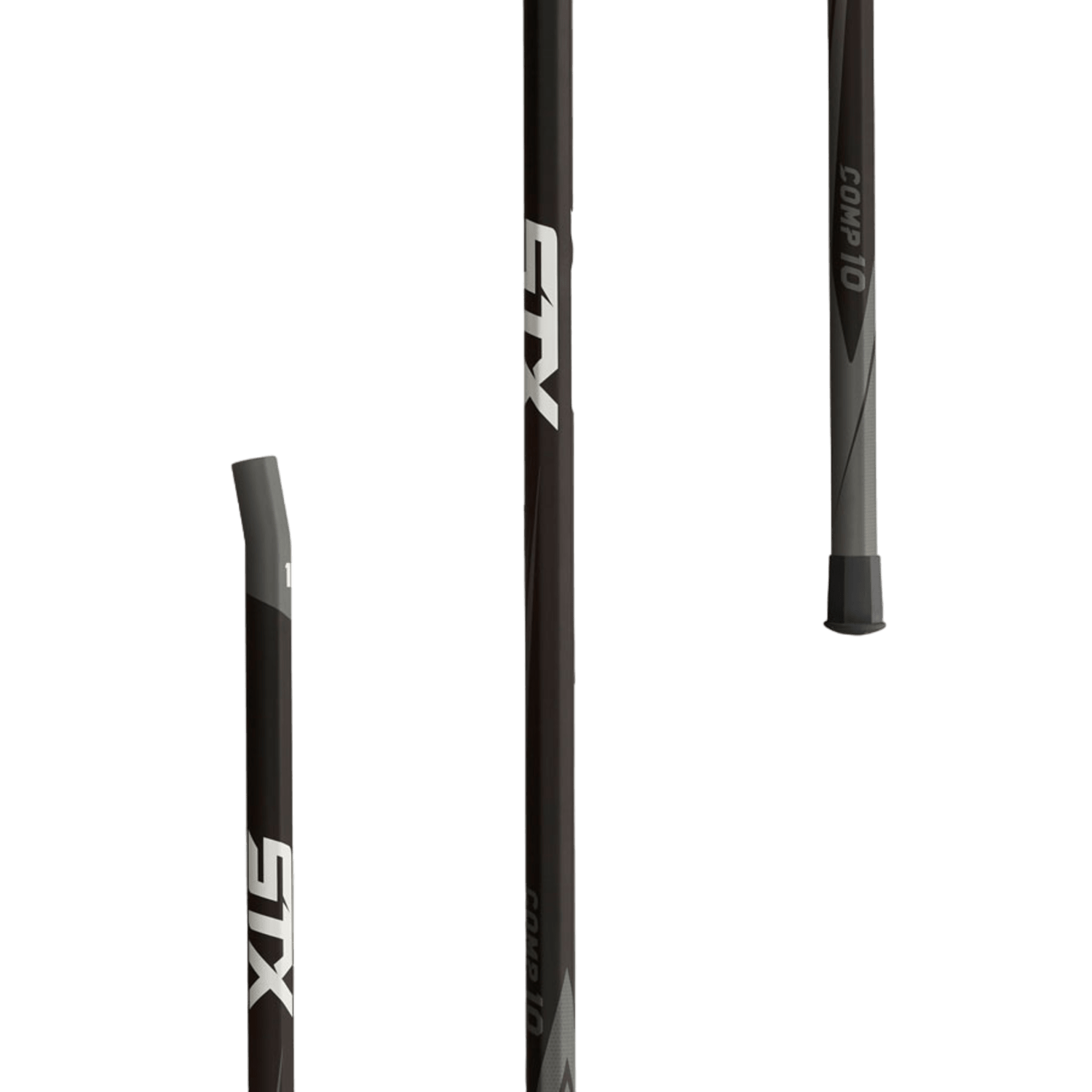 Against a green background, three lacrosse sticks from the STX Comp 10 line are displayed, each featuring a black shaft and prominent white "STX" branding. These vertically positioned sticks highlight their STX 10-degree shafts and heads designed for optimal ball control.