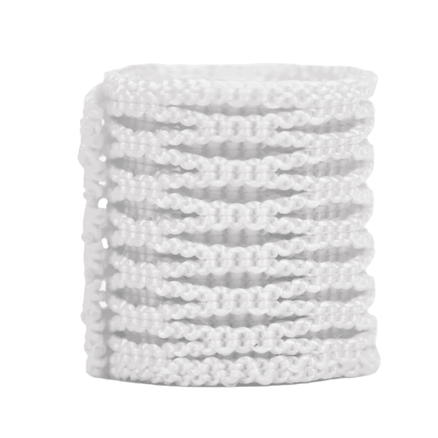 A stack of white elastic hair bands is arranged neatly against a plain green background, reminiscent of the interwoven texture found in STX Crux Mesh. The bands create a ribbed appearance akin to the intricate design seen in STX women's lacrosse heads.