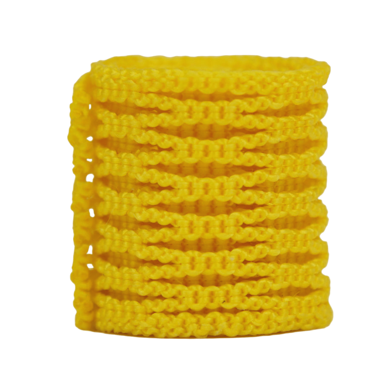 A stack of neatly coiled, textured yellow elastic hair ties placed against a plain green background showcases the versatility akin to STX Crux Mesh by STX.