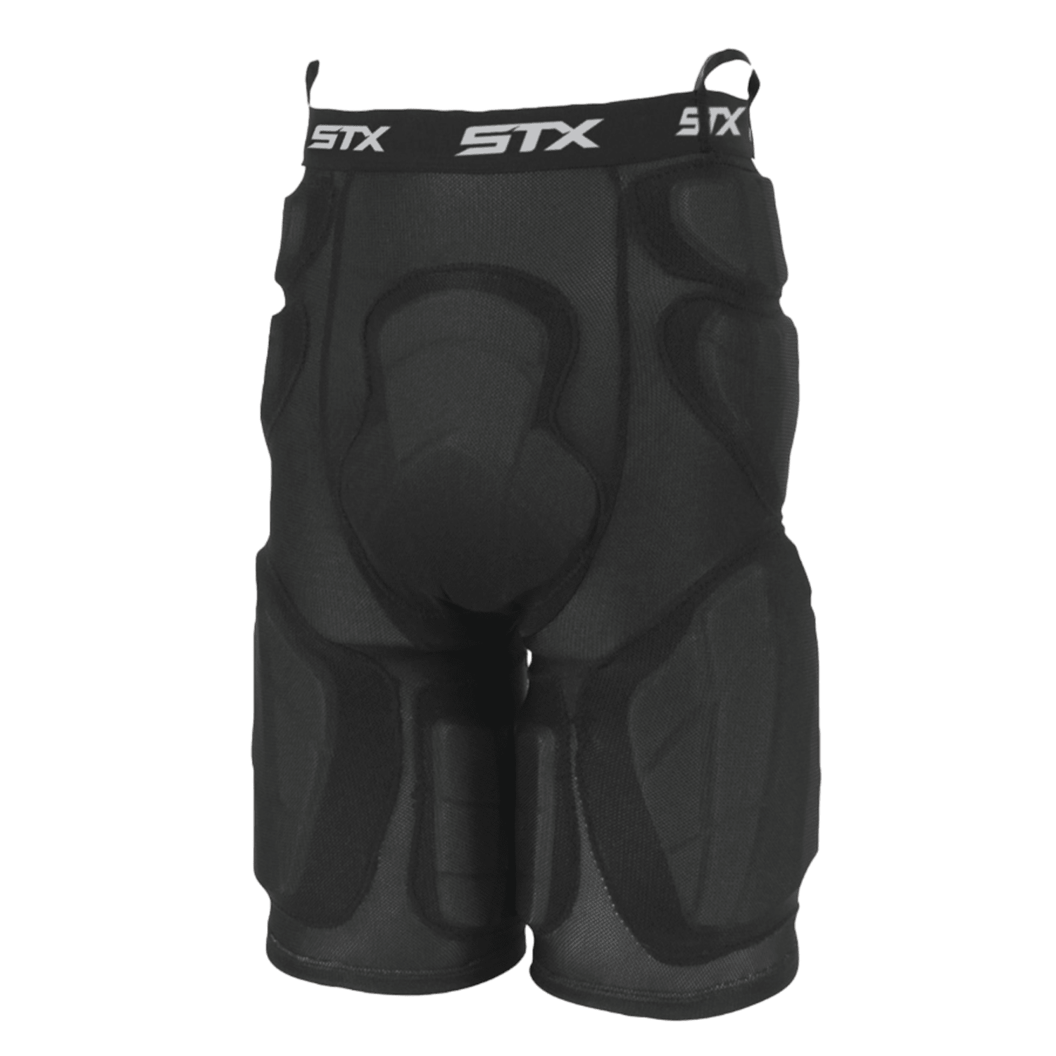 Introducing the STX Deluxe Goalie Pants: These black padded shorts are designed with a protective pad system covering the thighs, hips, and tailbone. Made with moisture-wicking fabric to ensure you stay dry, they feature the "STX" logo on the waistband. Ideal for lacrosse goalies looking for superior comfort and protection.