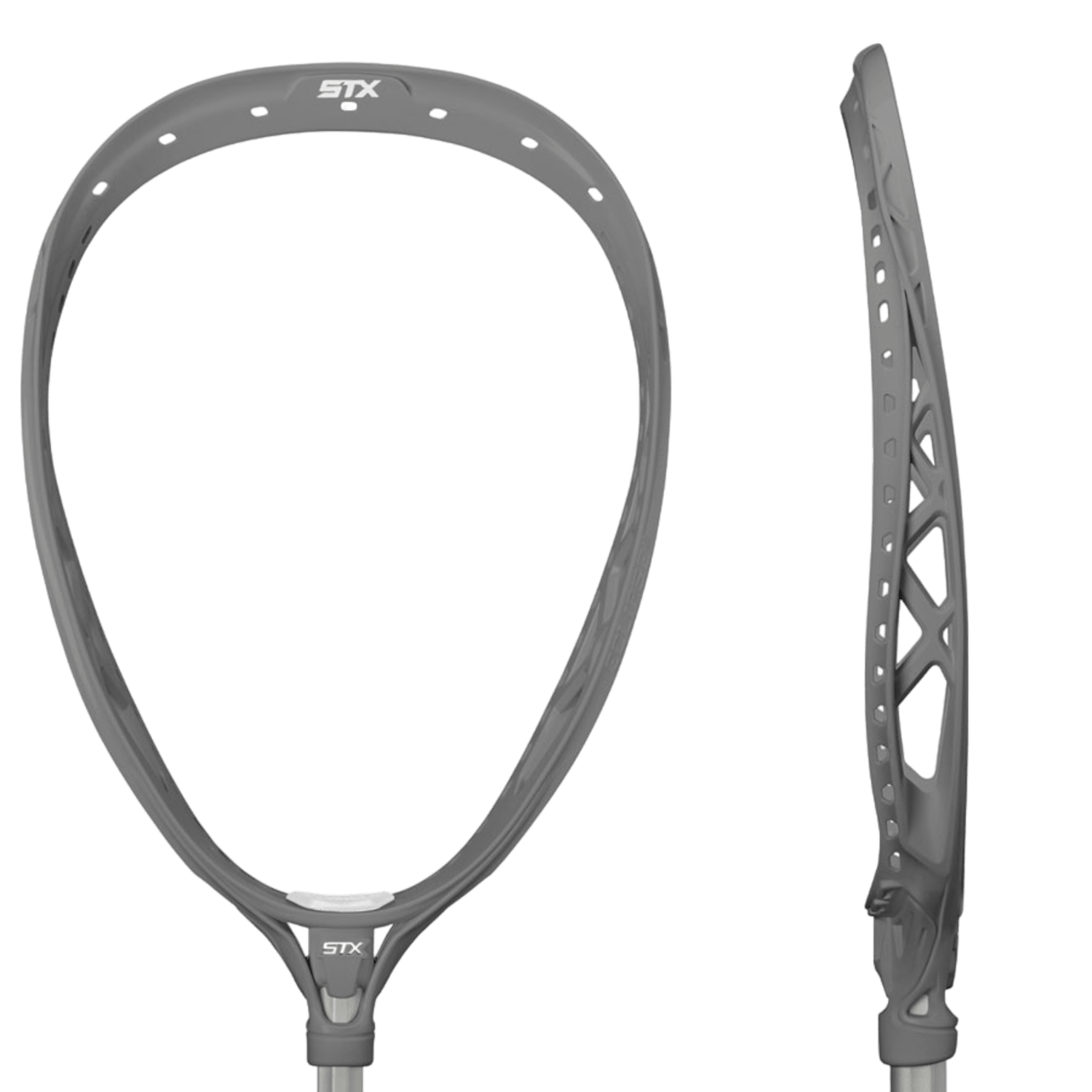 Front and side view of the STX Eclipse II Goalie Head in gray, showcasing its ergonomic throat design. The front view reveals a wide opening with multiple holes along the edge, while the side view emphasizes its curved structure and enhanced stiffness, designed to optimize goalie performance.