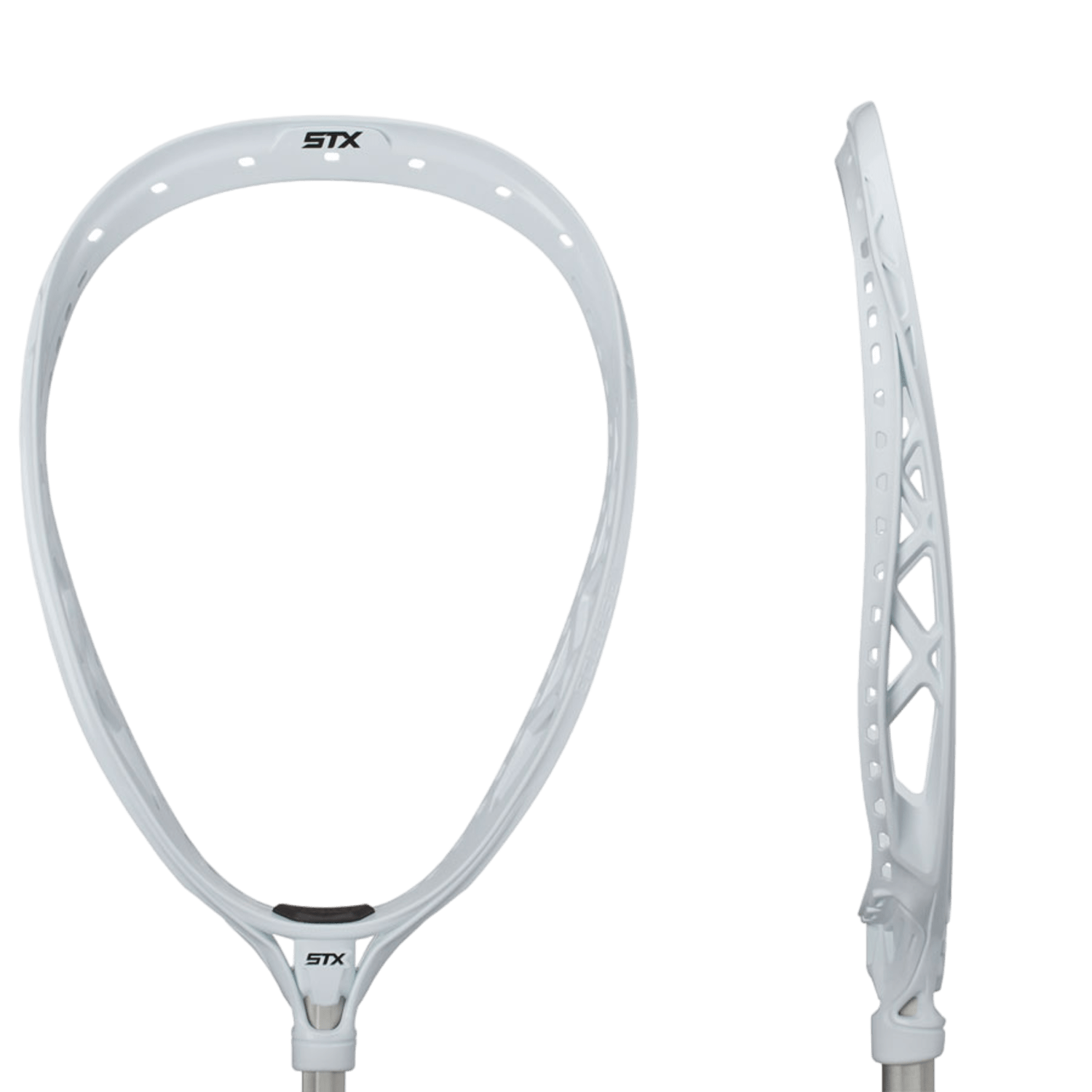 The STX Eclipse II Goalie Head, crafted by STX, is depicted in two views. From the front, its wide, oval shape with holes lining the edge is emphasized, while the side view accentuates its angled and structured sidewall design along with enhanced stiffness. Additionally, an ergonomic throat design ensures optimal performance.