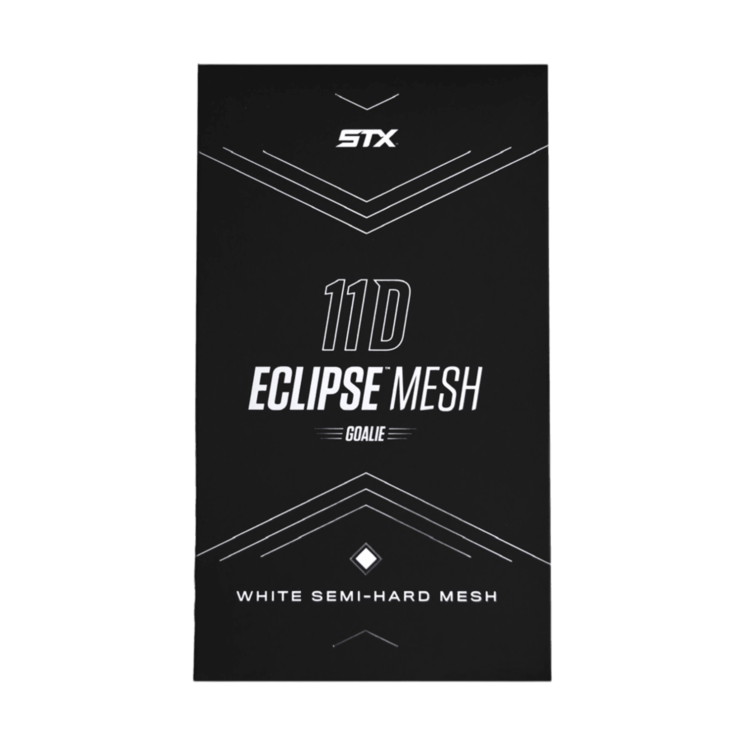 The rectangular packaging, colored black, features the "STX Eclipse Goalie Mesh" label and displays the "White Semi-Hard Mesh" text in white. It is adorned with diagonal lines and geometric elements for a visually appealing design, and this lacrosse goalie mesh from STX is UV resistant to increase its durability.