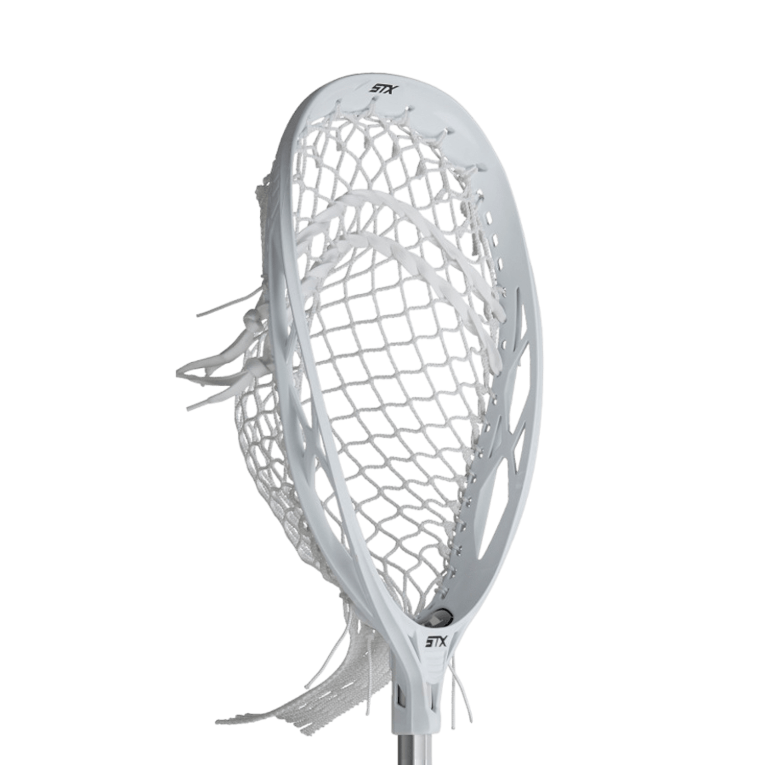 Close-up of a white lacrosse stick head with a netted pocket featuring the STX logo at the top. The STX Eclipse Goalie Mesh is designed to be UV resistant and moisture repellent, set against a plain background.