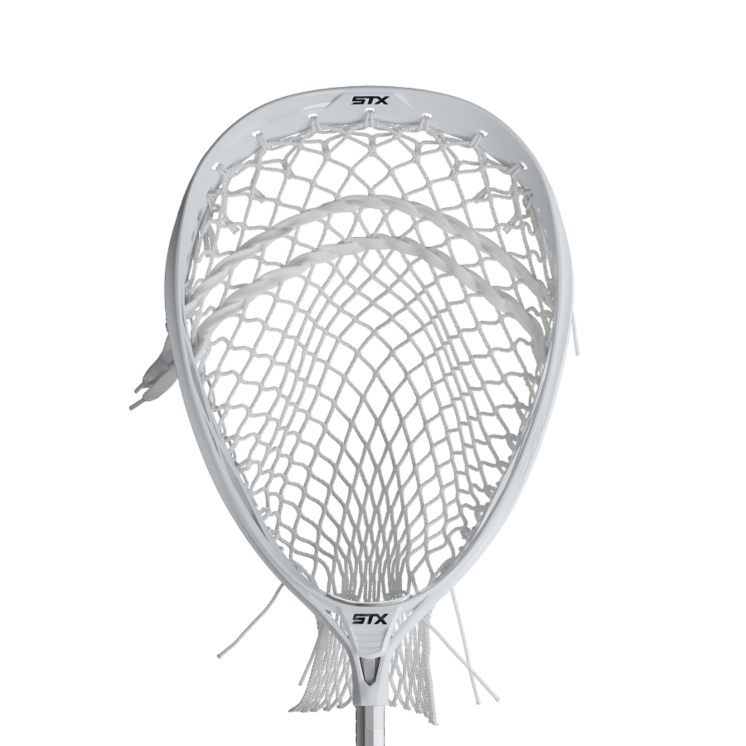 Close-up of a STX Eclipse Goalie Mesh in white, showcasing its intricate and UV-resistant netting, centered against a plain background. The STX logo is prominently displayed at the top and bottom of this durable lacrosse goalie mesh.