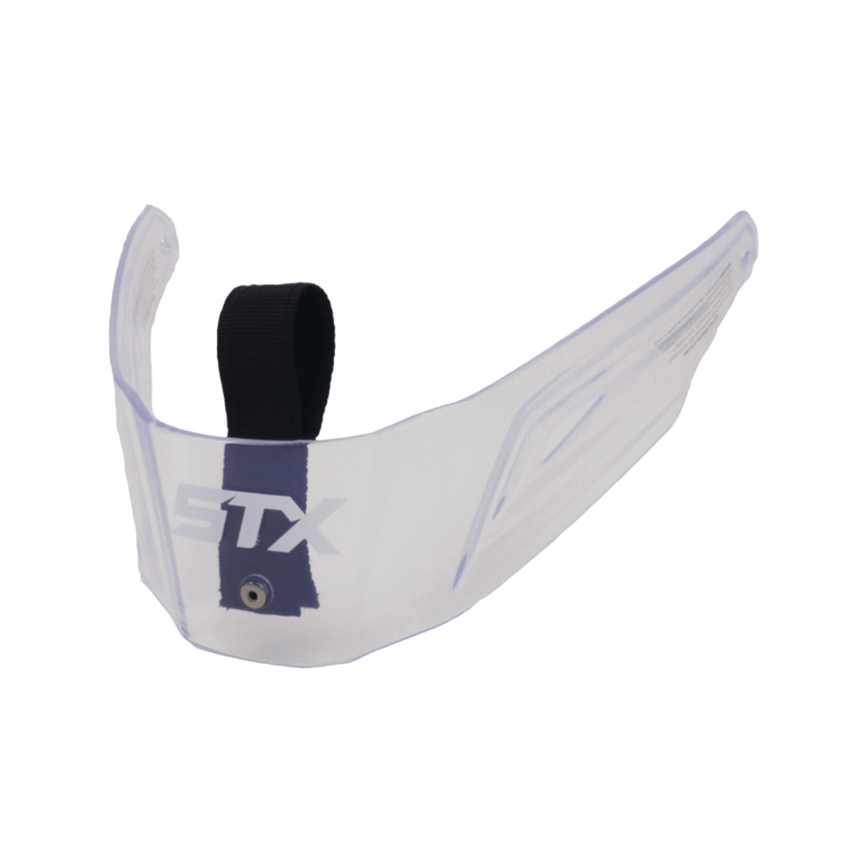 Close-up of the STX Eclipse Goalie Throat Guard, a transparent polycarbonate lacrosse goalie throat protector with a black adjustable strap, featuring the STX logo. Its free-floating design is slightly curved to cover the lower face area.