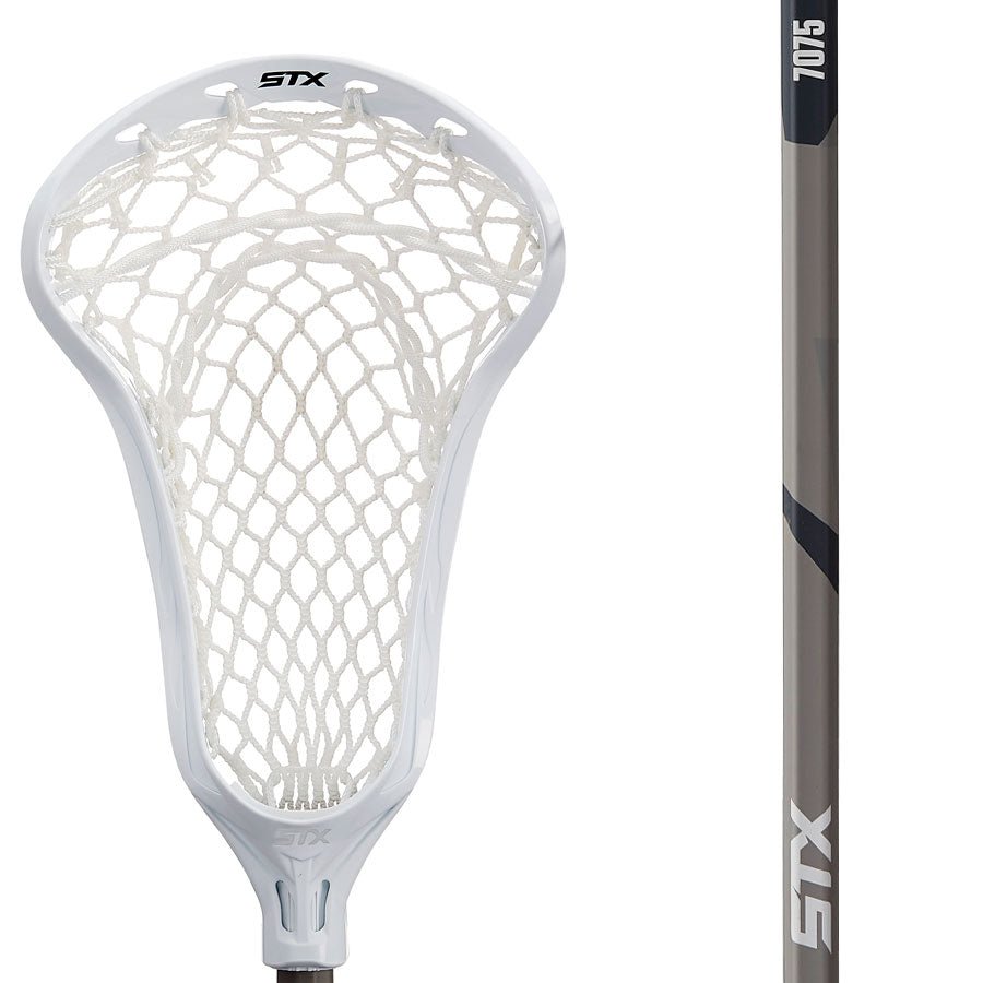 Close-up of the STX Exult 400 Crux Mesh Pro Complete Stick showcasing the white mesh net and gray handle. The brand "STX" is clearly displayed, making this stick a top pick for competitive level midfielders. It stands vertically against a white background.