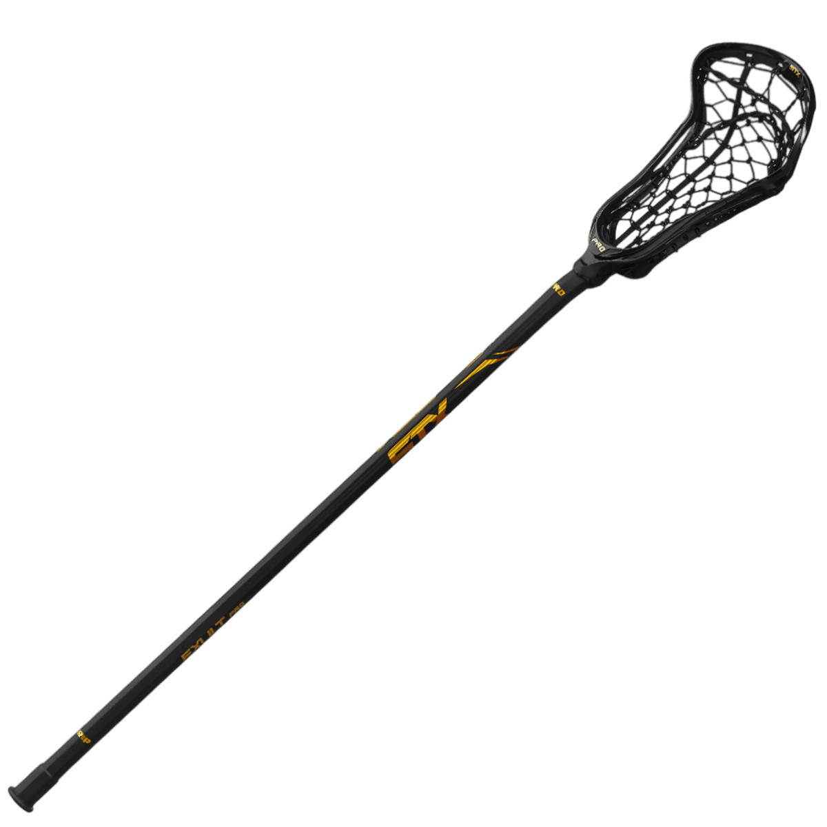 The STX Exult Pro Lock Pocket Complete Stick features an elaborate Lock Pocket netting design in the head, with orange branding and accents embellishing the shaft. Displayed at a diagonal angle against a plain background, this complete stick by STX comes in black.