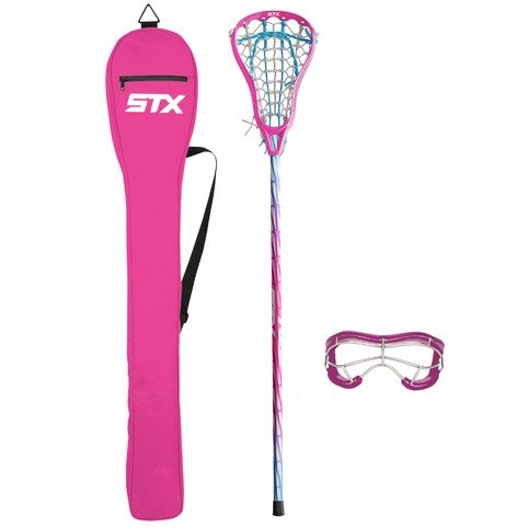 The STX Exlut Youth Starter Set, designed by STX, includes a top-selling stick package with blue and pink mesh, protective goggles, and a stylish pink carrying case with a black strap featuring the "STX" logo—ideal for young players new to the game.