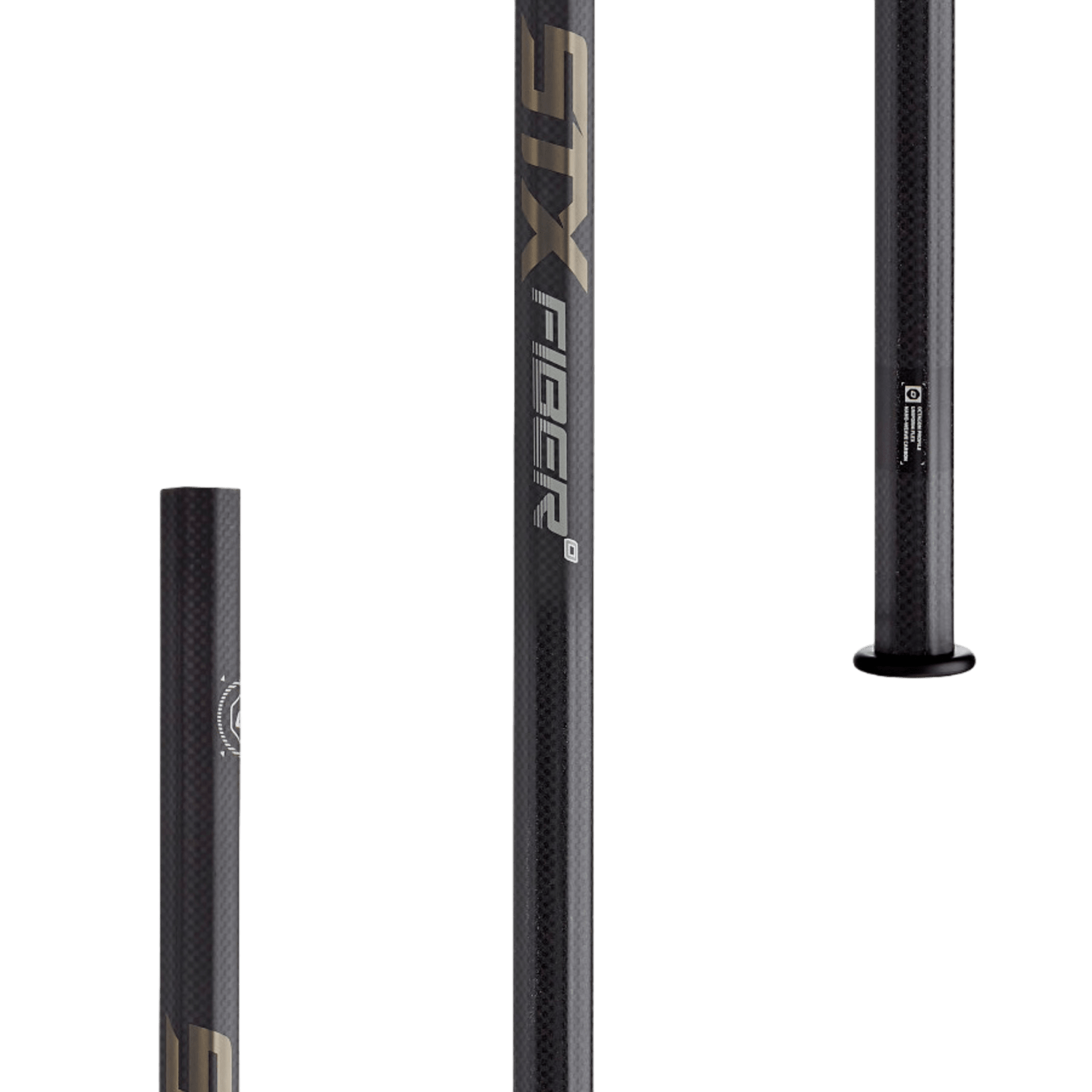 Close-up of three sections of dark gray HE CDX2 52/BK/BOM Nano Weave carbon-fiber poles by STX, featuring gold and silver text that reads "FIBER" along with additional graphics. One of the lightweight poles has a rounded end. The transparent background highlights the sleek design, making it perfect for a defensive shaft setup.