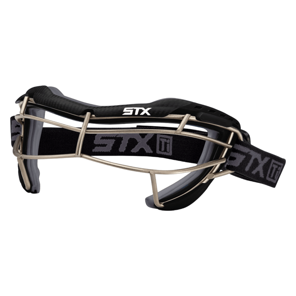The STX Focus-S Ti Goggles by STX include a black frame, clear lenses, and a black adjustable strap showcasing the STX logo. These goggles incorporate a titanium cage design to provide enhanced protection while maintaining excellent peripheral visibility during play.