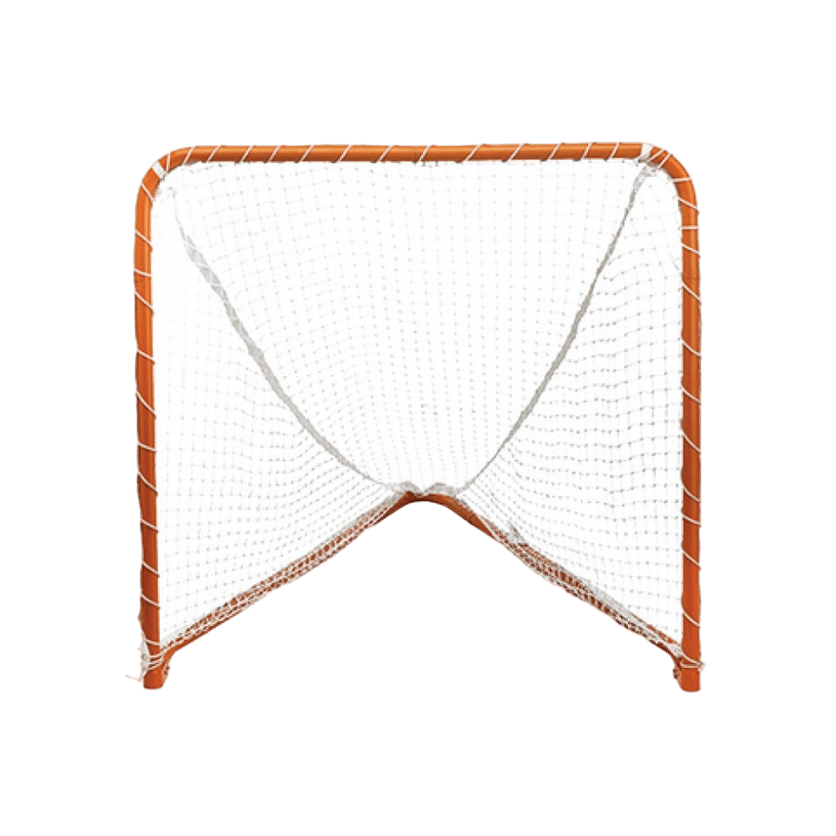 The STX Folding Lacrosse Goal 4x4, featuring an orange frame and white net, stands proudly against a plain green background, highlighting the precision of quality control synonymous with STX box lacrosse nets.