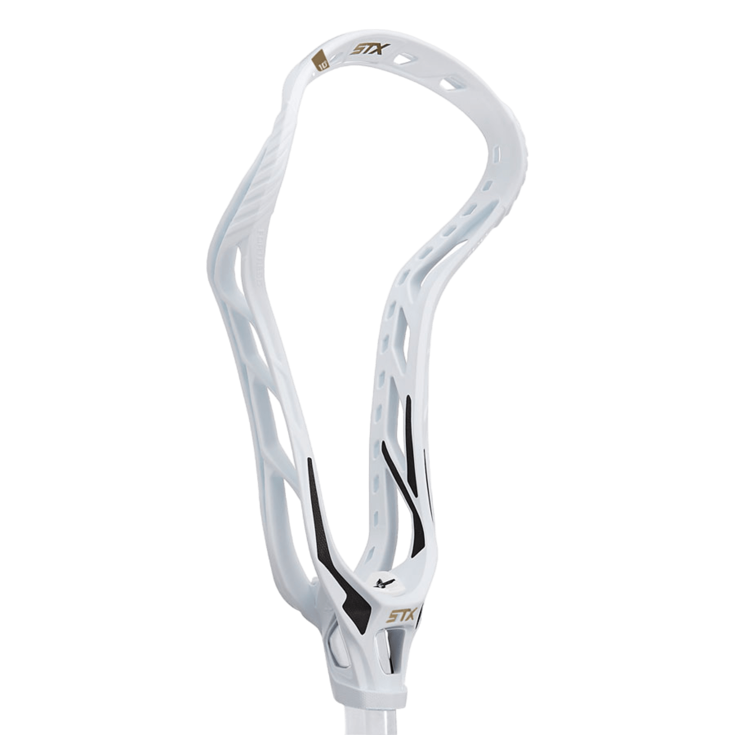 The HD FR70 BK XX/BOM women's lacrosse head by STX boasts a sleek, aerodynamic design highlighted with black accents and features the STX logo prominently at the top. With its 10-degree technology and multiple stringing holes, this white head is engineered to deliver outstanding performance on the field.