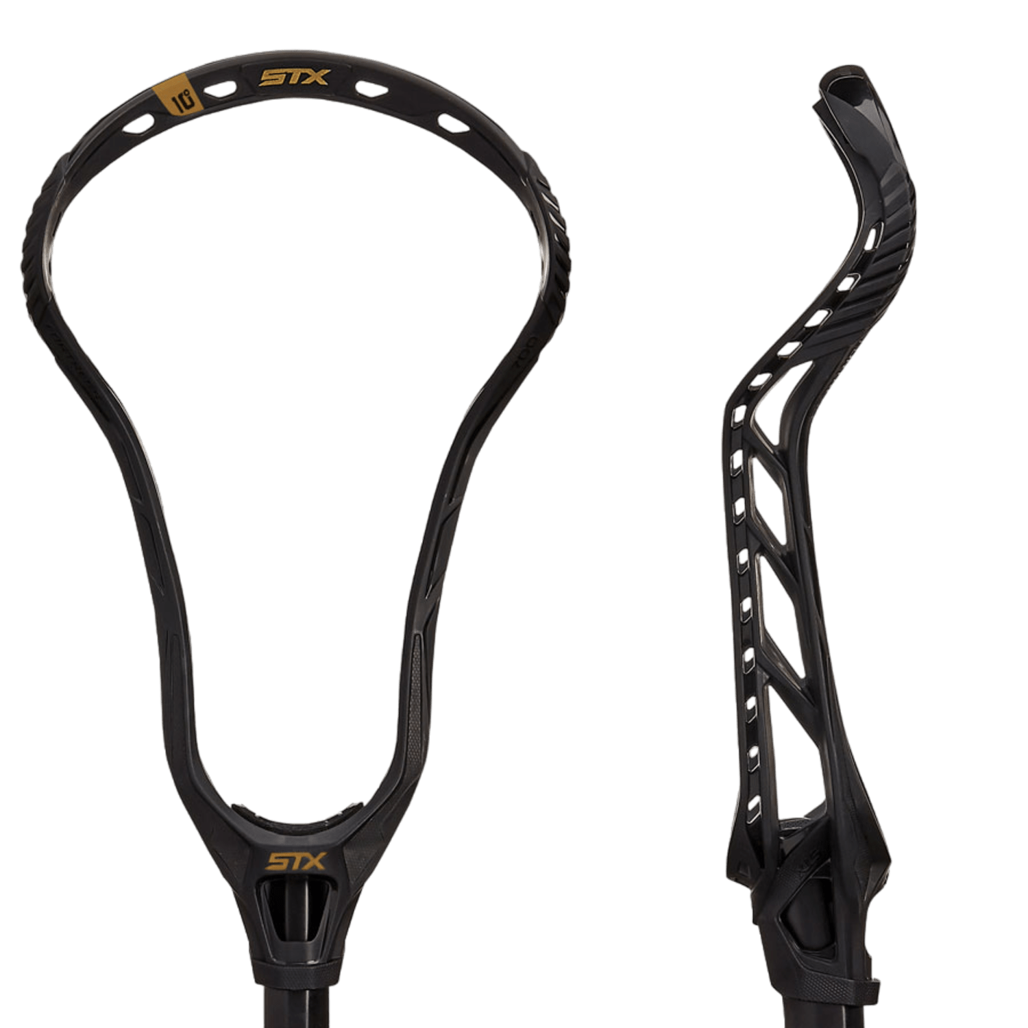The HD FR70 BK XX/BOM women's lacrosse head by STX is featured with a front view on the left and a side view on the right. This sleek, open design with a mesh pattern prominently displays the brand "STX" on both sides and integrates 10-degree technology for precise play.