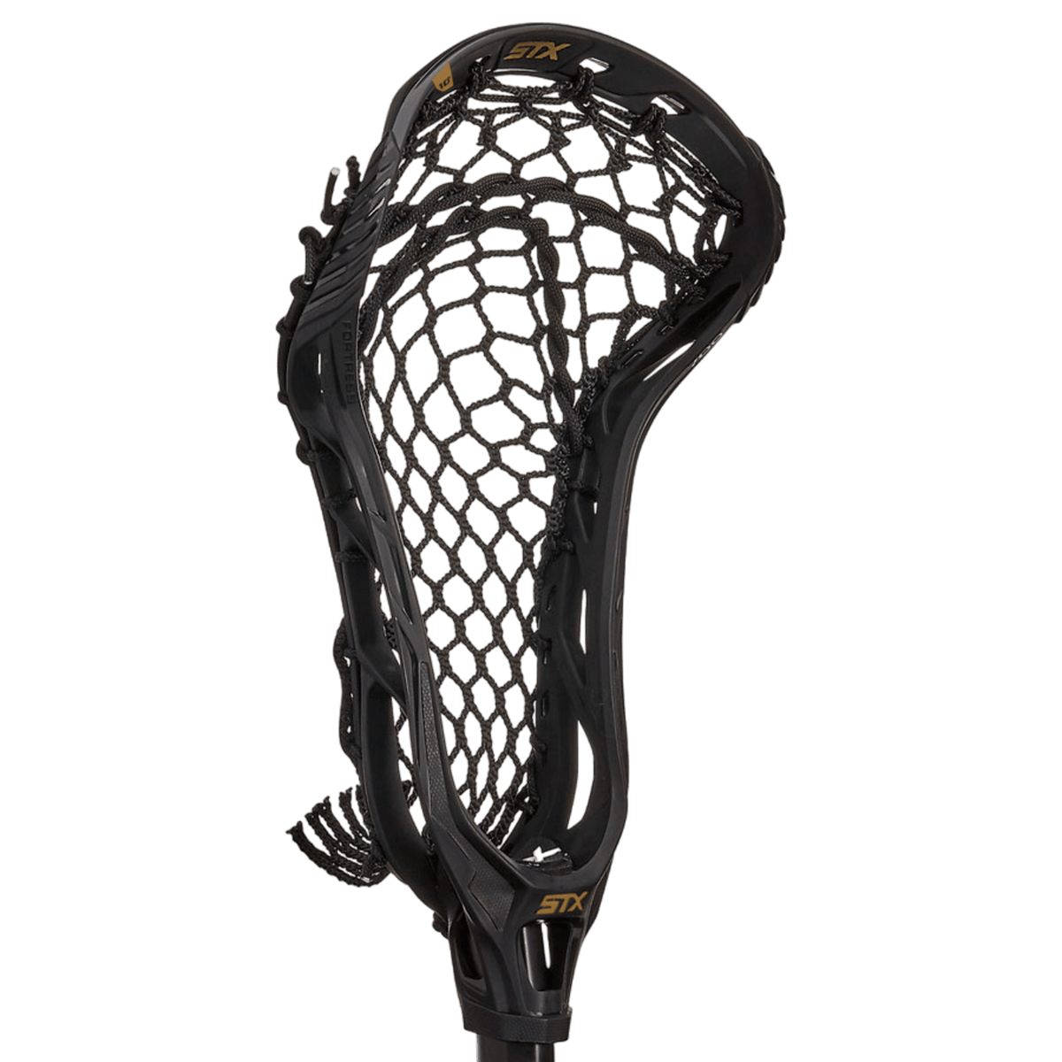 Close-up of an STX Fortress 700 Crux Mesh Pro Strung Lacrosse Head showcasing a black design with intricate stringing for optimal ball retention. The brand "STX" is prominently displayed on the top, providing superior control during ground ball pickups. The background is transparent.