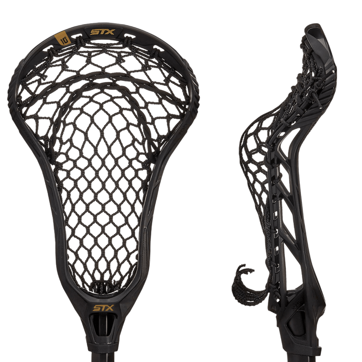 The STX Fortress 700 Crux Mesh Pro Strung Lacrosse Head is displayed from two angles: front and side. The brand "STX" is prominently featured at the top and bottom of this women's lacrosse head. The side view emphasizes its curved design, which enhances ball retention during ground ball pickups, along with its black mesh netting.